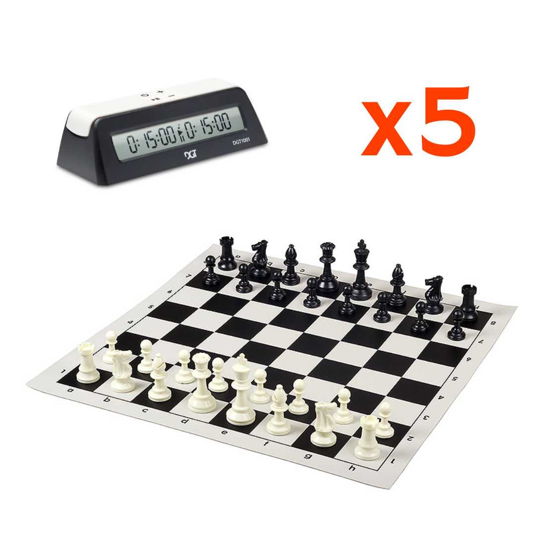 Pack Ecoles - Lot de 5 Jeux d'échecs en plastique + Pendule